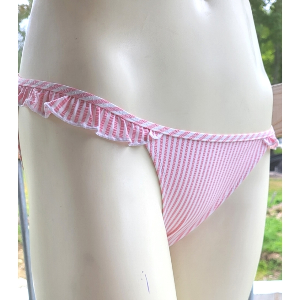 Aerie Seersucker Ruffle Bikini Bottom,  Pink/White Stripes,  XS ✔️